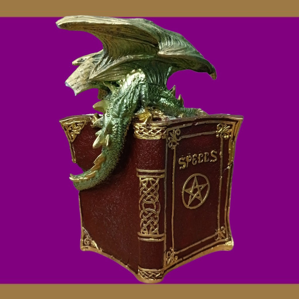 Dragon Spellbook Figurine – Fantasy Resin Ornament with Crystal Detail (Repairable)