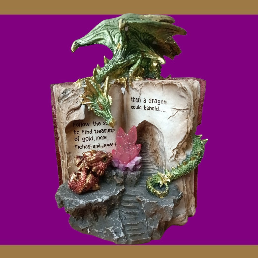 Dragon Spellbook Figurine – Fantasy Resin Ornament with Crystal Detail (Repairable)