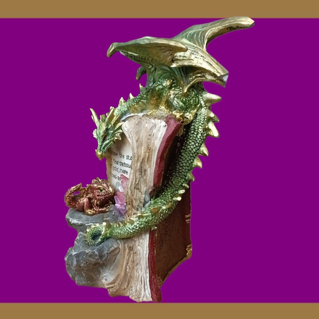 Dragon Spellbook Figurine – Fantasy Resin Ornament with Crystal Detail (Repairable)
