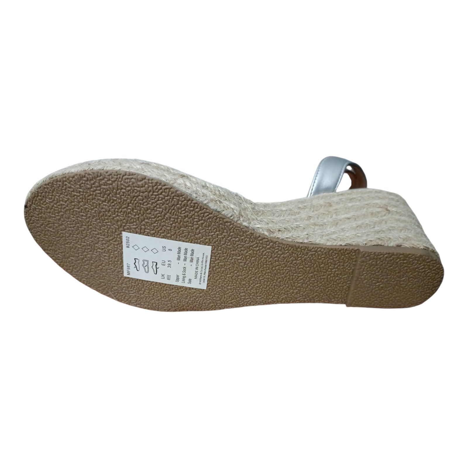 JD Williams Malibu Silver Leather Espadrille Wedge Sandals – Extra Wide Fit (EEE) – UK 6