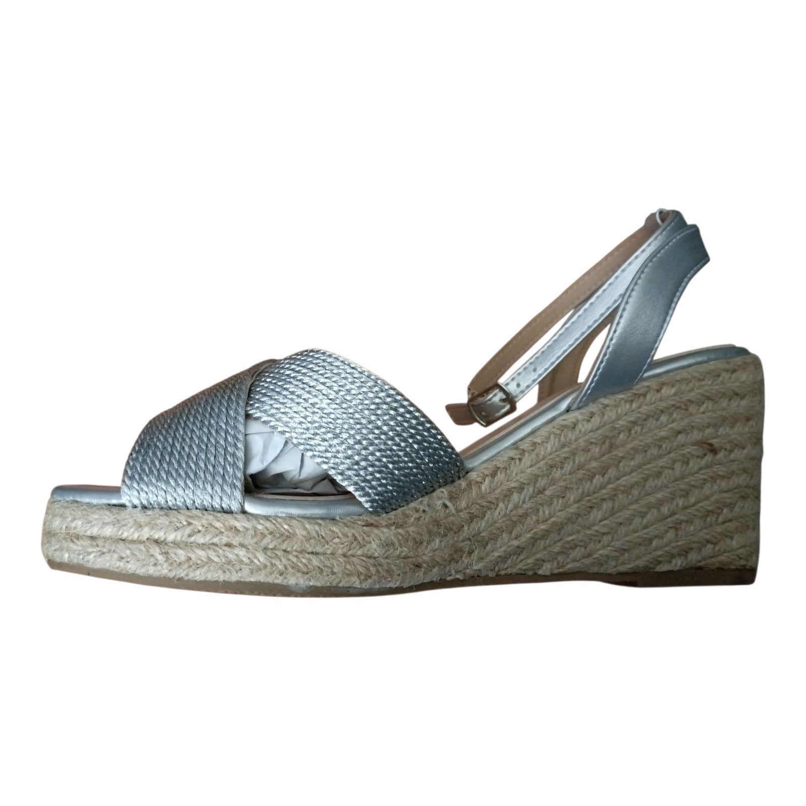JD Williams Malibu Silver Leather Espadrille Wedge Sandals – Extra Wide Fit (EEE) – UK 6