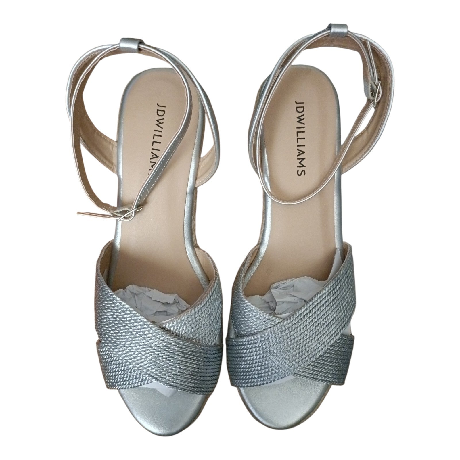 JD Williams Malibu Silver Leather Espadrille Wedge Sandals – Extra Wide Fit (EEE) – UK 6